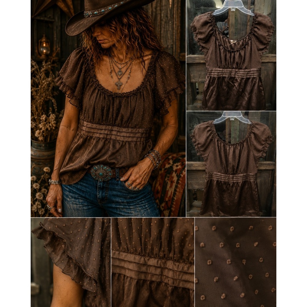 Vintage Brown Swiss Dot Blouse Y2K Prairie Goth Romantic Fairy Grunge L